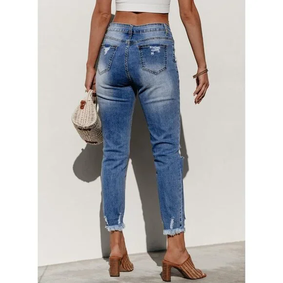Women's Distressed Straight Leg Boyfriend Jeans Denim Spring Summer - Picture 6 of 6